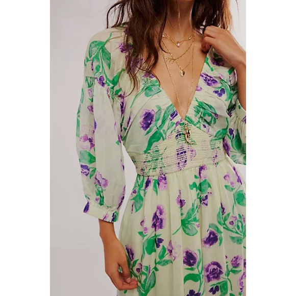 Free People GOLDEN HOUR Hour Smock Floral Maxi Dress Saltwater Combo S NWT $168 - Picture 4 of 7
